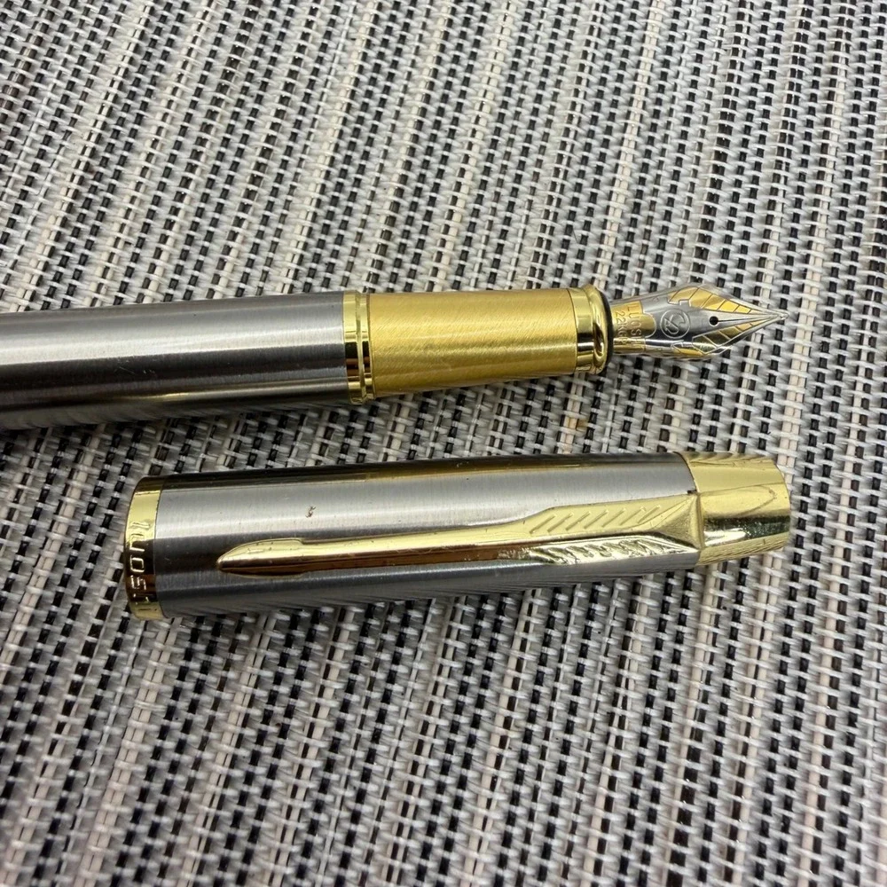 Luoshi 3070 Fountain Pen Brushed Stainless Steel Gold Trim 22KGP Medium Nib